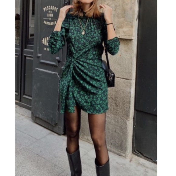 Zara Navy and Green Floral Draped Dress | Size Medium - Picture 5 of 8